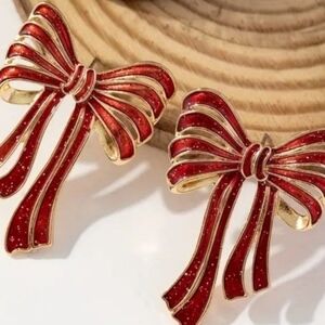 Red and Gold Bow Statement Earrings Valentine's Day